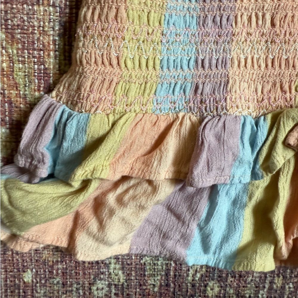 Small American Eagle Smocked BodyCon Dress with Ruffle Hem Multicolor Pastel - Picture 7 of 10